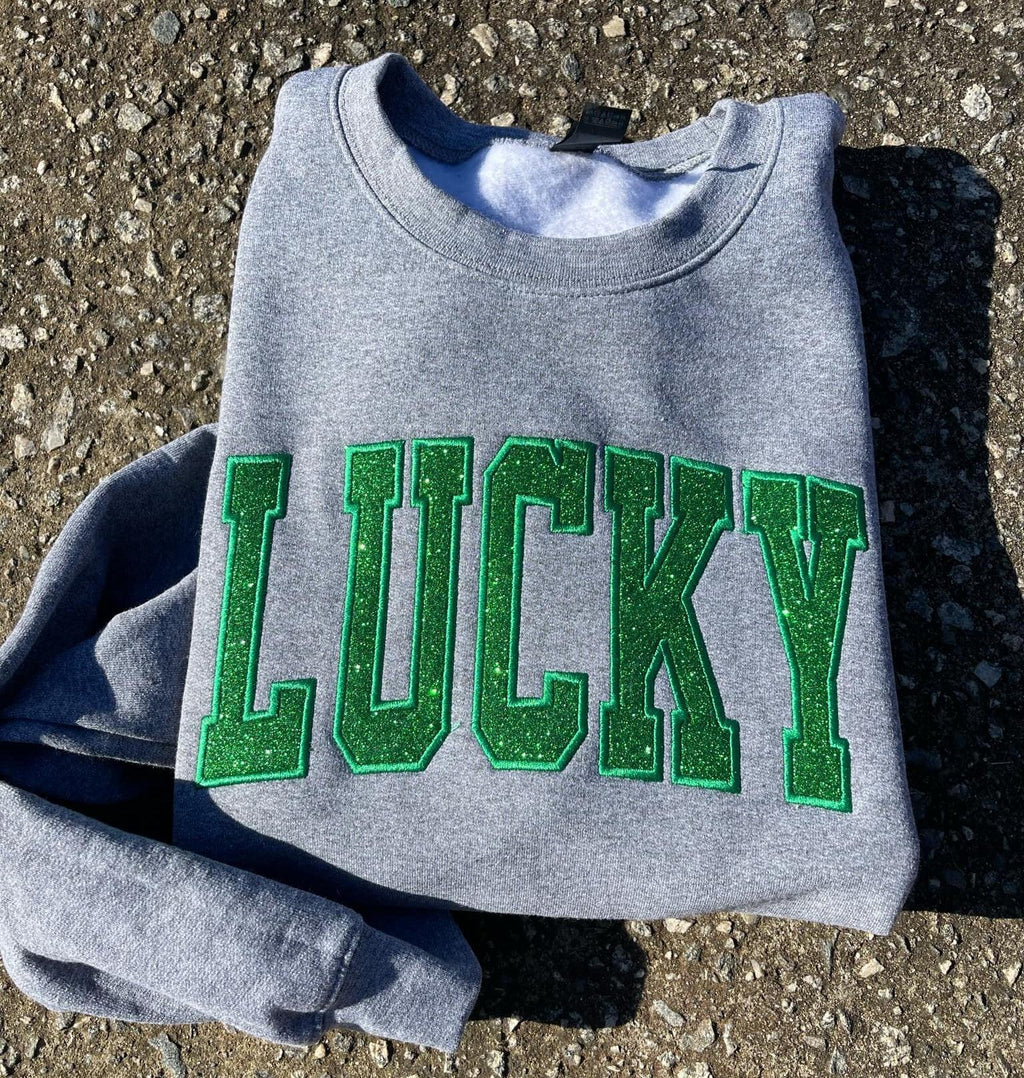 Lucky Varsity Glitter Applique Embroidered Sweatshirt - Merch Girls