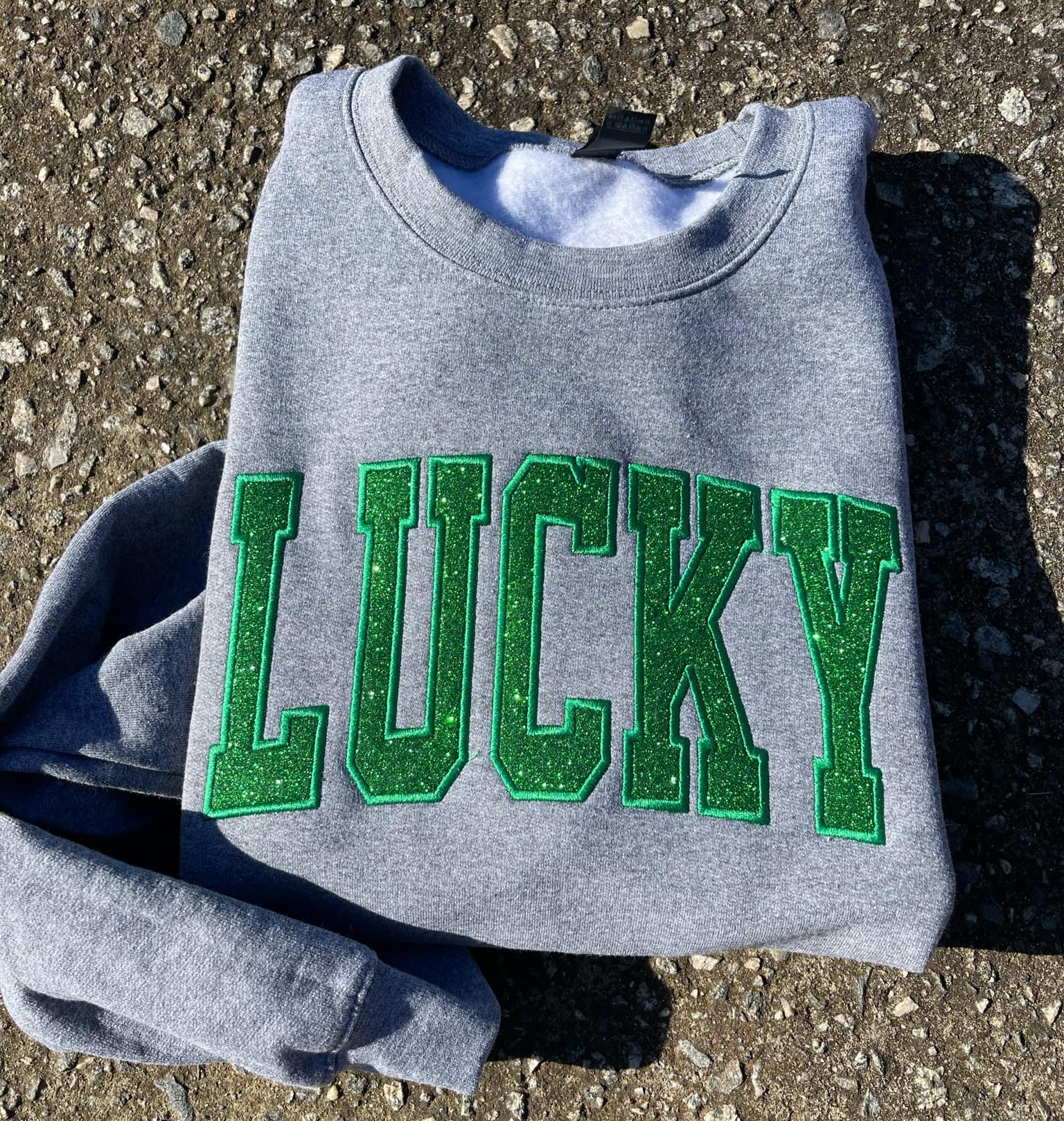Lucky Varsity Glitter Applique Embroidered Sweatshirt