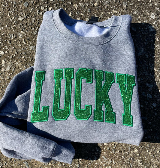 Lucky Glitter Varsity Applique with September Script Font and Icon on Sleeve Embroidered CC Short Sleeve or Sweatshirt