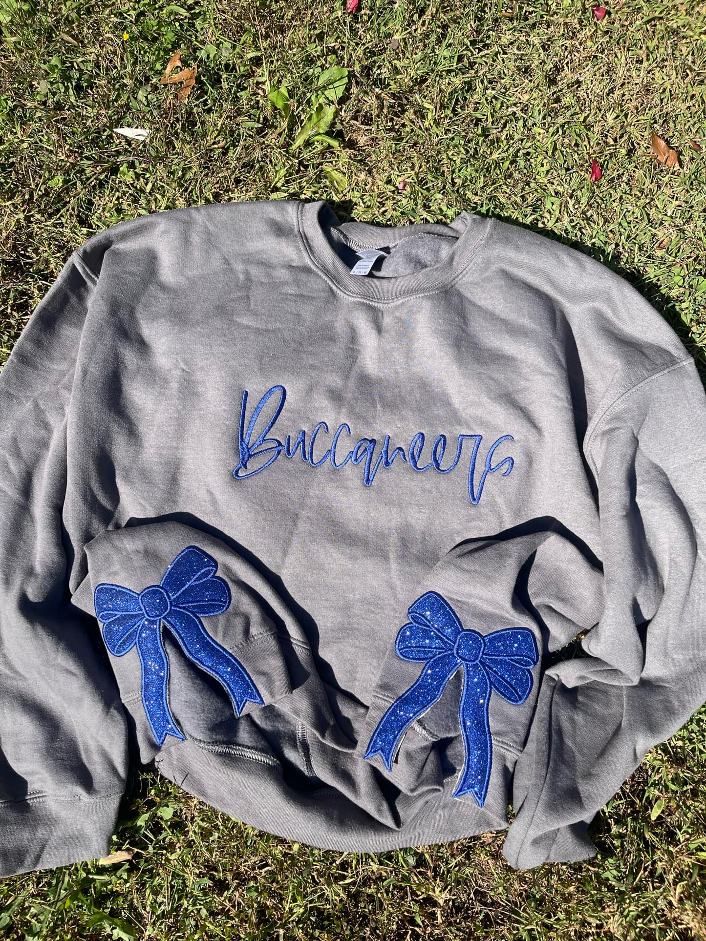 Side Bow Glitter Applique Embroidered Sweatshirt with Optional Script Mascot/Word on Front