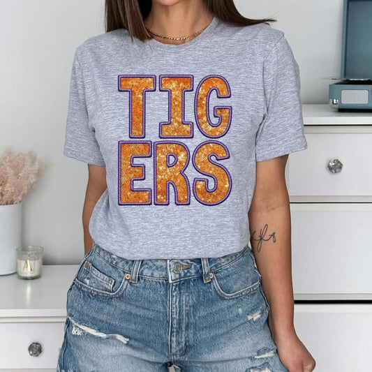 Tigers Orange and Purple Faux Applique And Sequin Graphic Tee