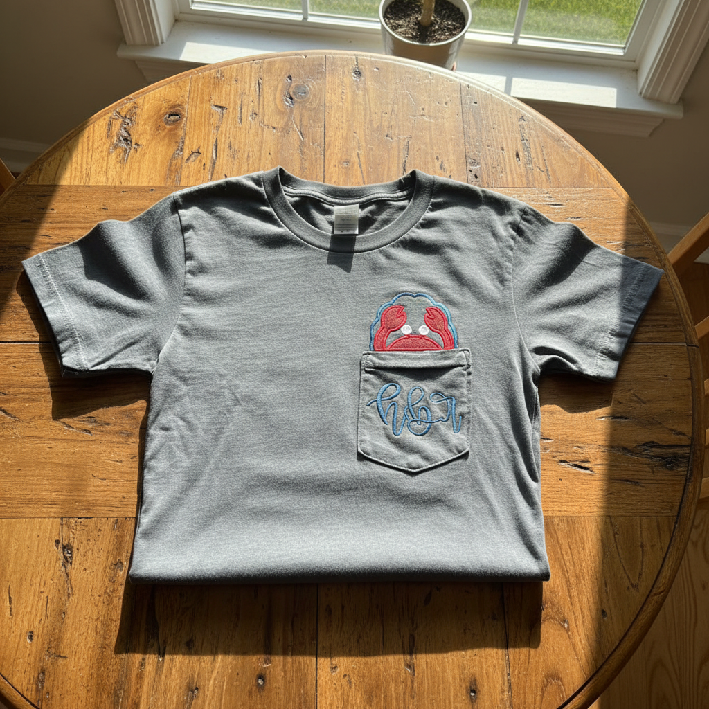 Custom Crab Monogram Pocket Tee | Comfort Colors Pocket T-Shirt | Coastal Embroidered Initial Shirt