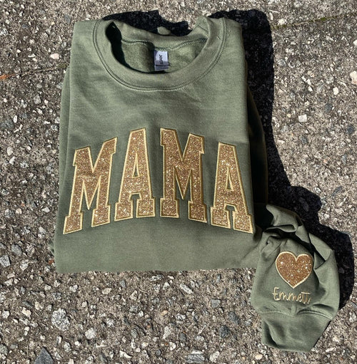 Mama Varsity Glitter Applique Embroidered Shirt with Optional Sleeve - Merch Girls