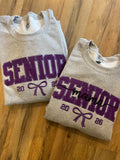 Senior with optional MAMA overlay text Established Year Coquette Bow Varsity Glitter Applique Embroidered Shirt