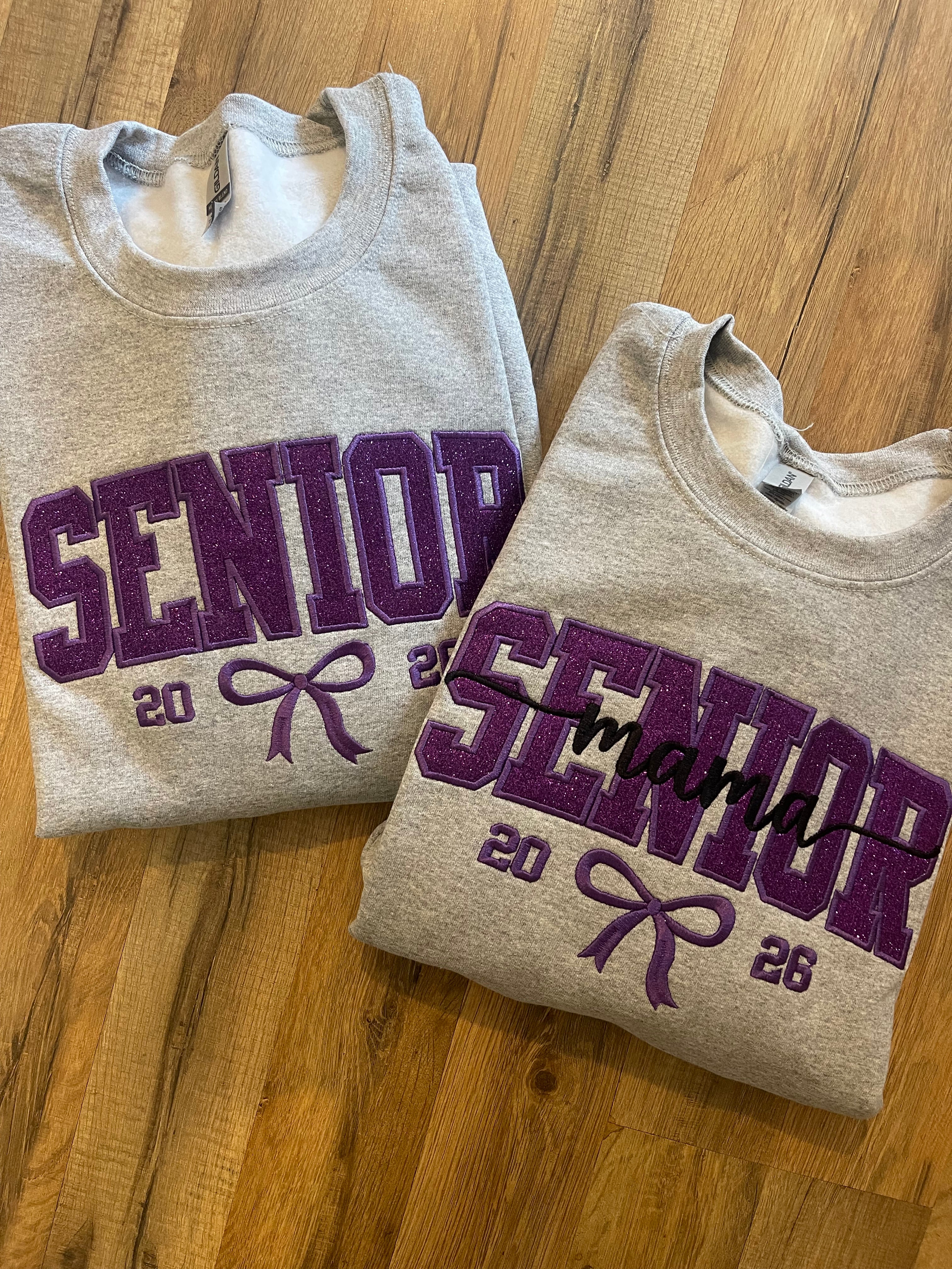 Senior with optional MAMA overlay text Established Year Coquette Bow Varsity Glitter Applique Embroidered Shirt