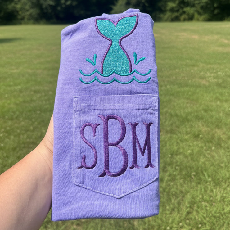 Personalized Mermaid Monogram Pocket Tee | Comfort Colors Pocket Shirt | Coastal Embroidered Initial T-Shirt