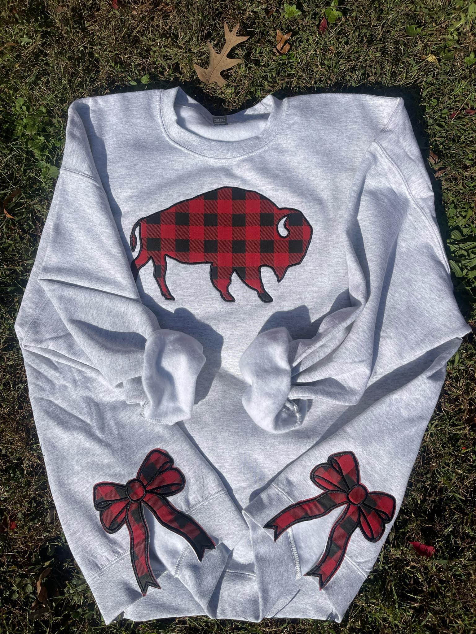 Side Bow Buffalo Fabric Applique Embroidered Sweatshirt with Optional Front Embroidery - Merch Girls