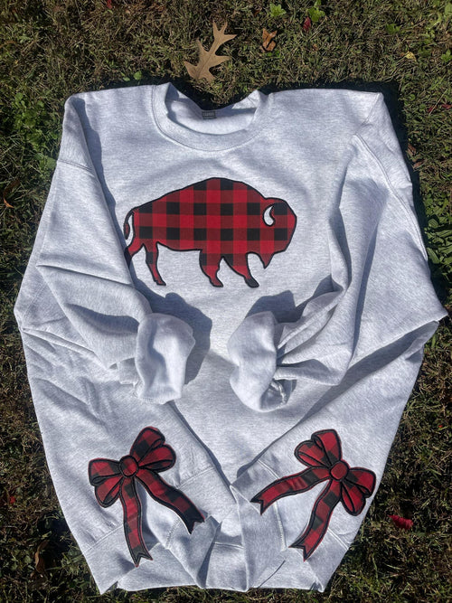 Side Bow Buffalo Fabric Applique Embroidered Sweatshirt with Optional Front Embroidery - Merch Girls