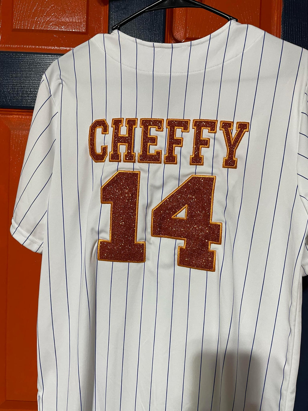 Glitter Applique Embroidered Pin Striped Baseball Jersey