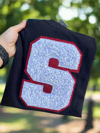 Custom Varsity Collegiate Letter Chunky Sequins and Glitter Applique Embroidered Shirt | Choose Your Initial & Colors - Merch Girls