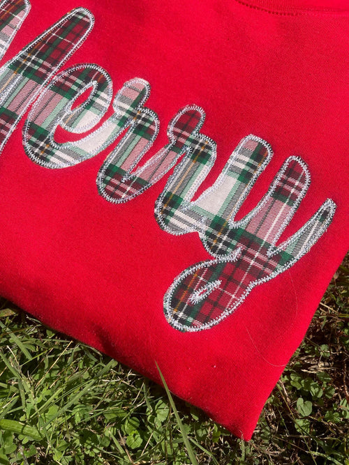 Merry Plaid Fabric Applique with Optional Side Bows Christmas Holiday Embroidered Sweatshirt - Merch Girls