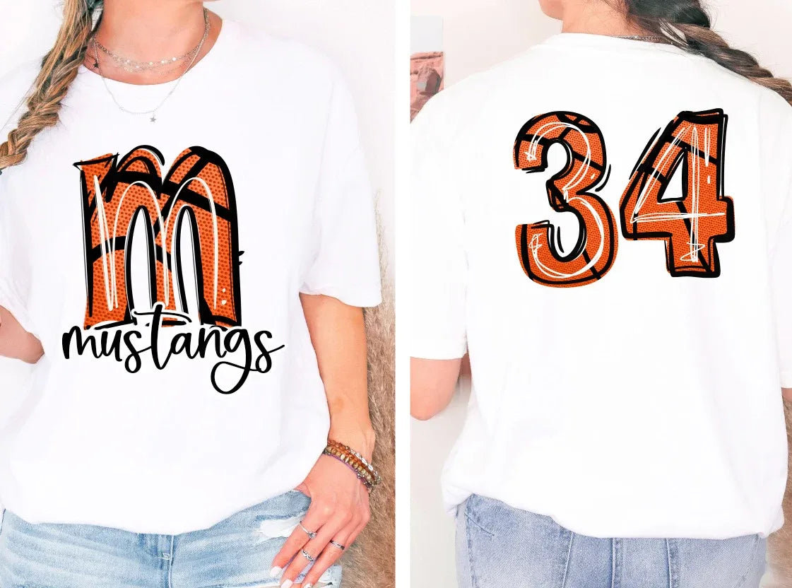 M Mustangs Basketball with Number Back DTF Transfer - Merch Girls
