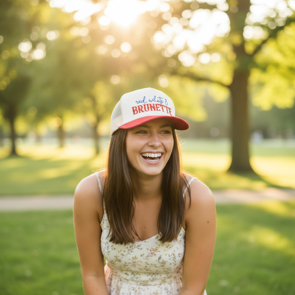 Red White & Brunette Embroidered Adjustable Five-Panel Twill Hat