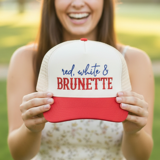Red White & Brunette Embroidered Adjustable Five-Panel Twill Hat