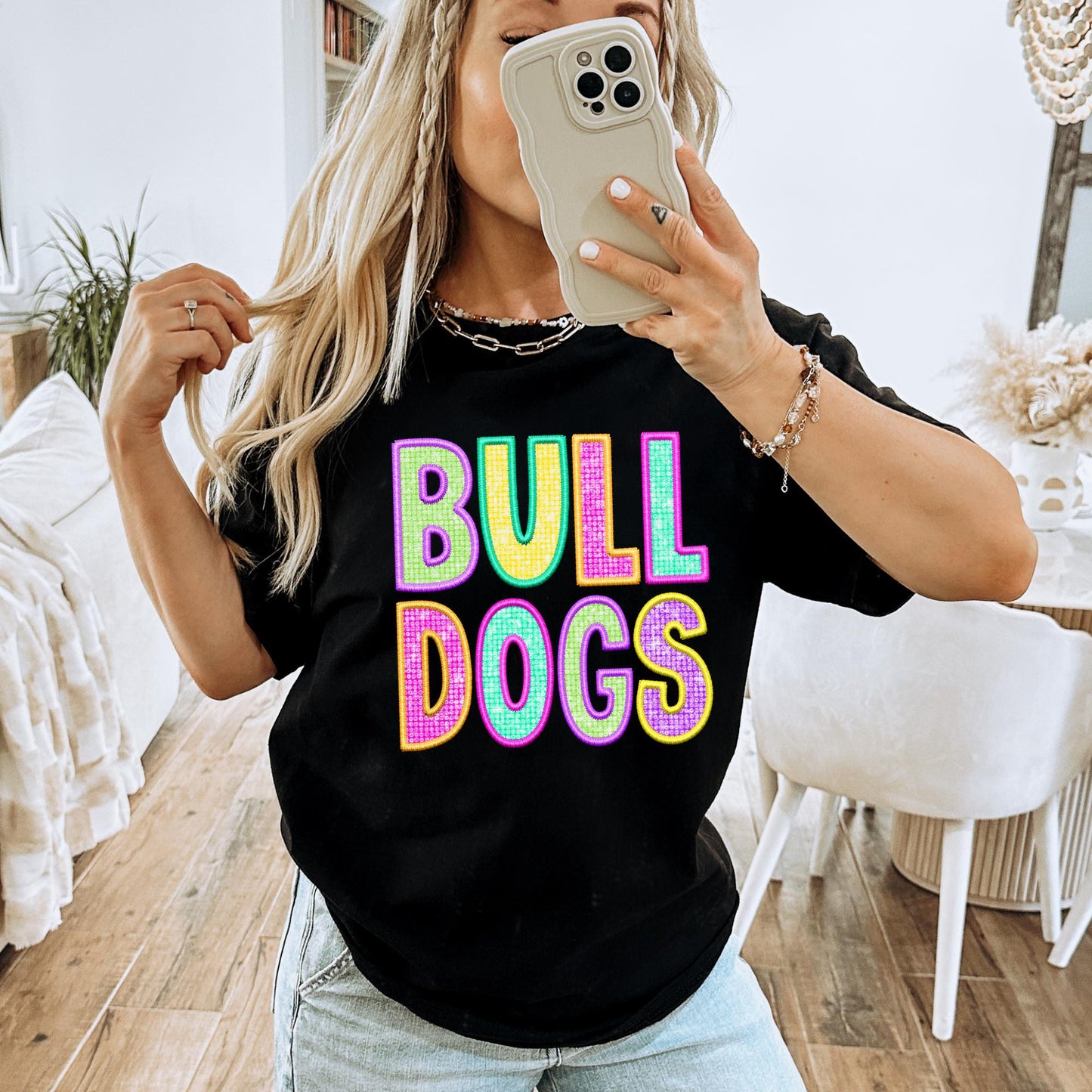 Bulldogs Faux Embroidery Diamond in Multi Neons DTF Transfer