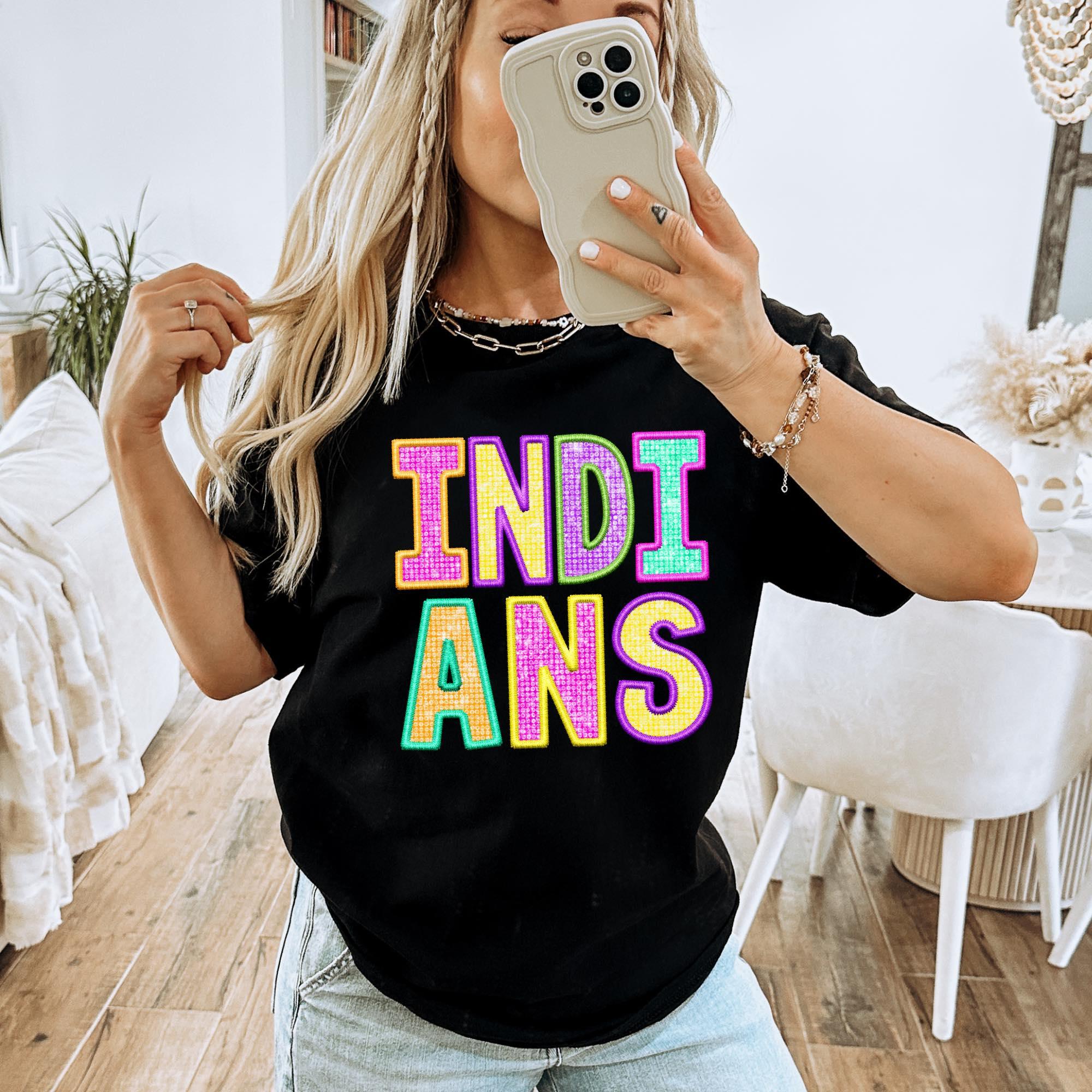Indians Faux Embroidery Diamond in Multi Neons DTF Transfer - Merch Girls