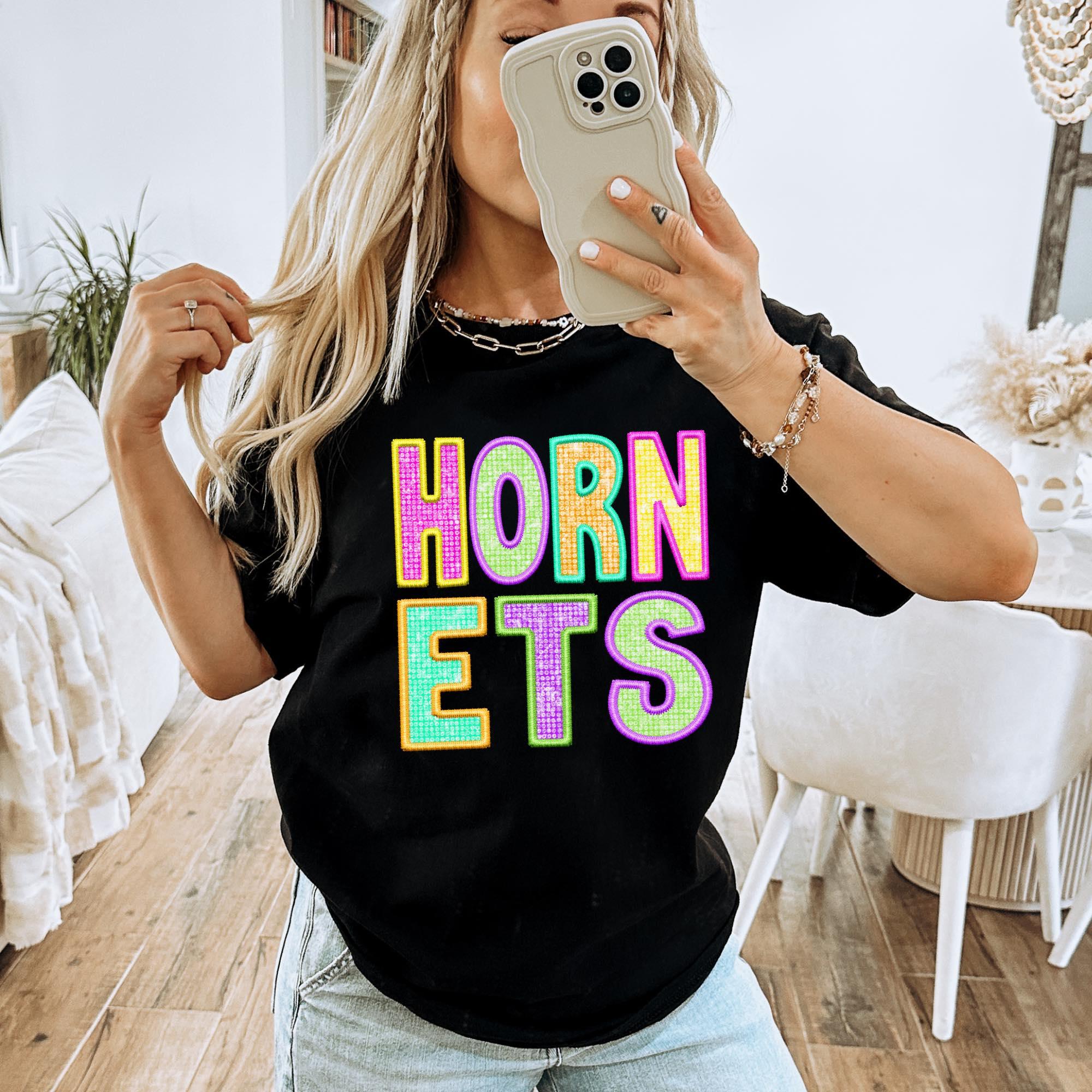 Hornets Faux Embroidery Diamond in Multi Neons DTF Transfer - Merch Girls