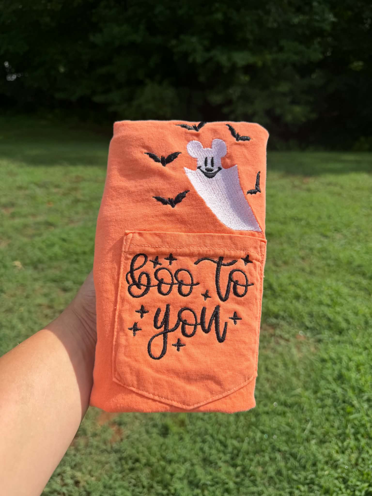 Ghost & Bats with Quote Embroidered Pocket Tee