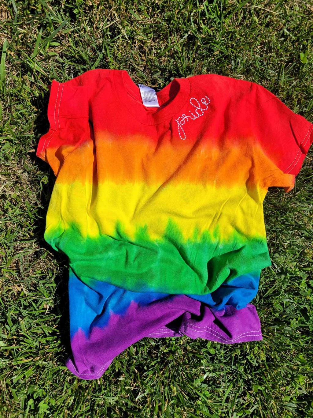 Pride Bean Stitch Embroidery Neckline Rainbow Tie Dye T-Shirt - Merch Girls