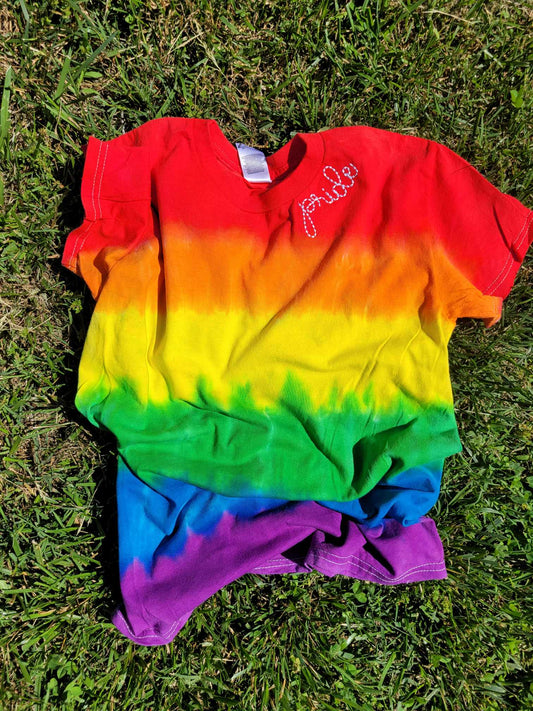 Pride Bean Stitch Embroidery Neckline Rainbow Tie Dye T-Shirt