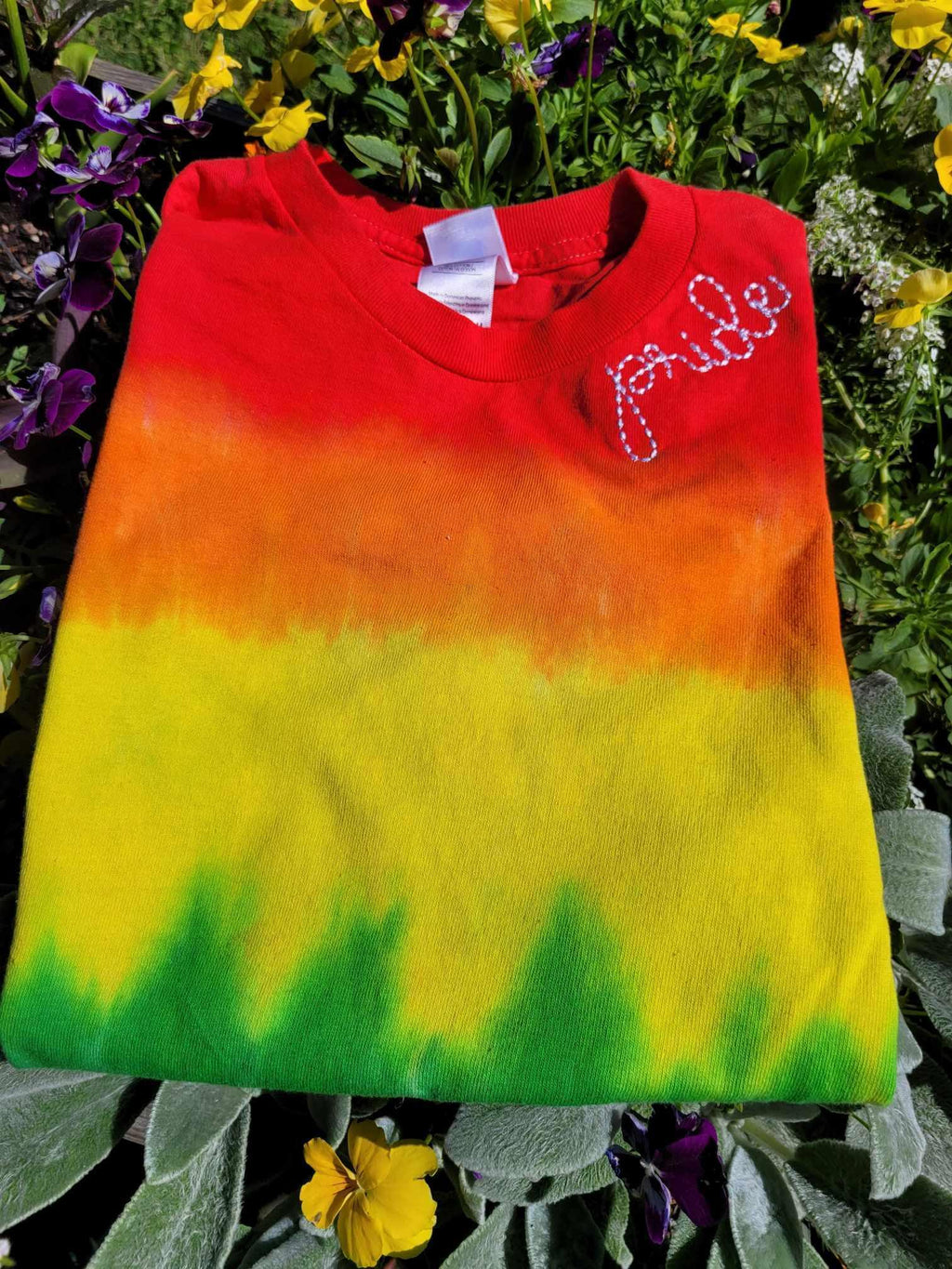 Pride Bean Stitch Embroidery Neckline Rainbow Tie Dye T-Shirt - Merch Girls
