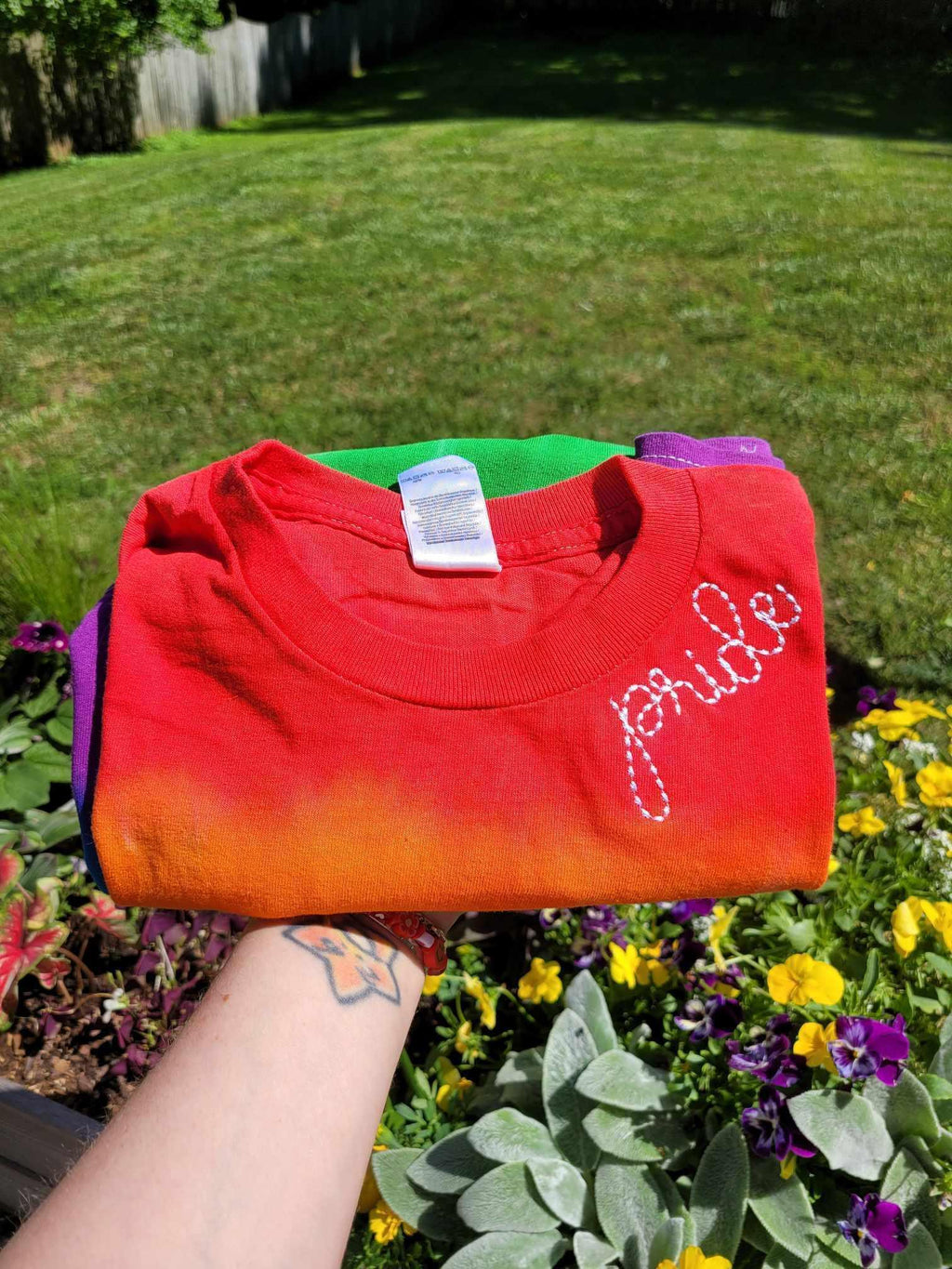 Pride Bean Stitch Embroidery Neckline Rainbow Tie Dye T-Shirt - Merch Girls
