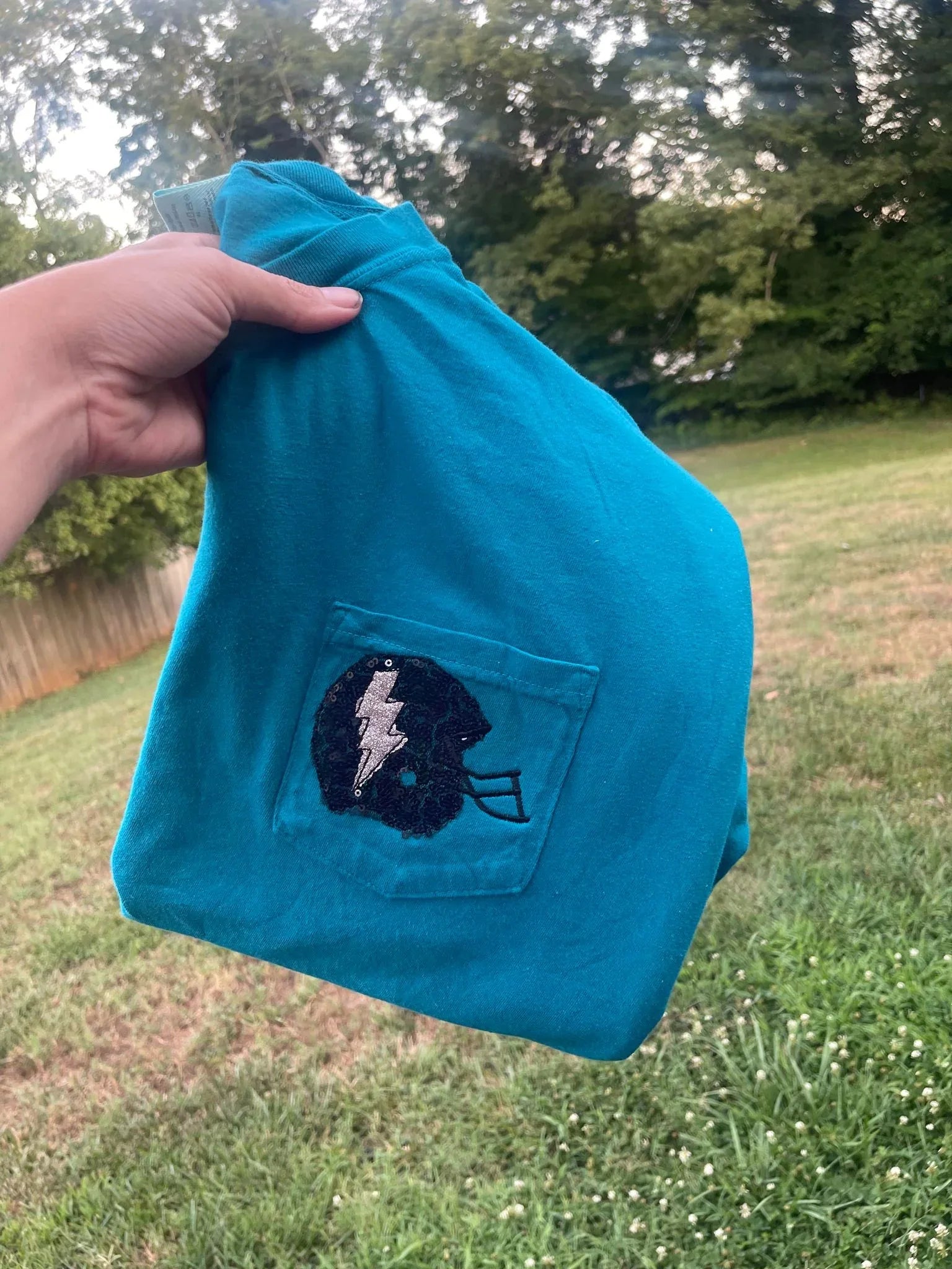 Custom Helmet Sequins Raw Edge Embroidered Comfort Color Pocket Tee - Merch Girls