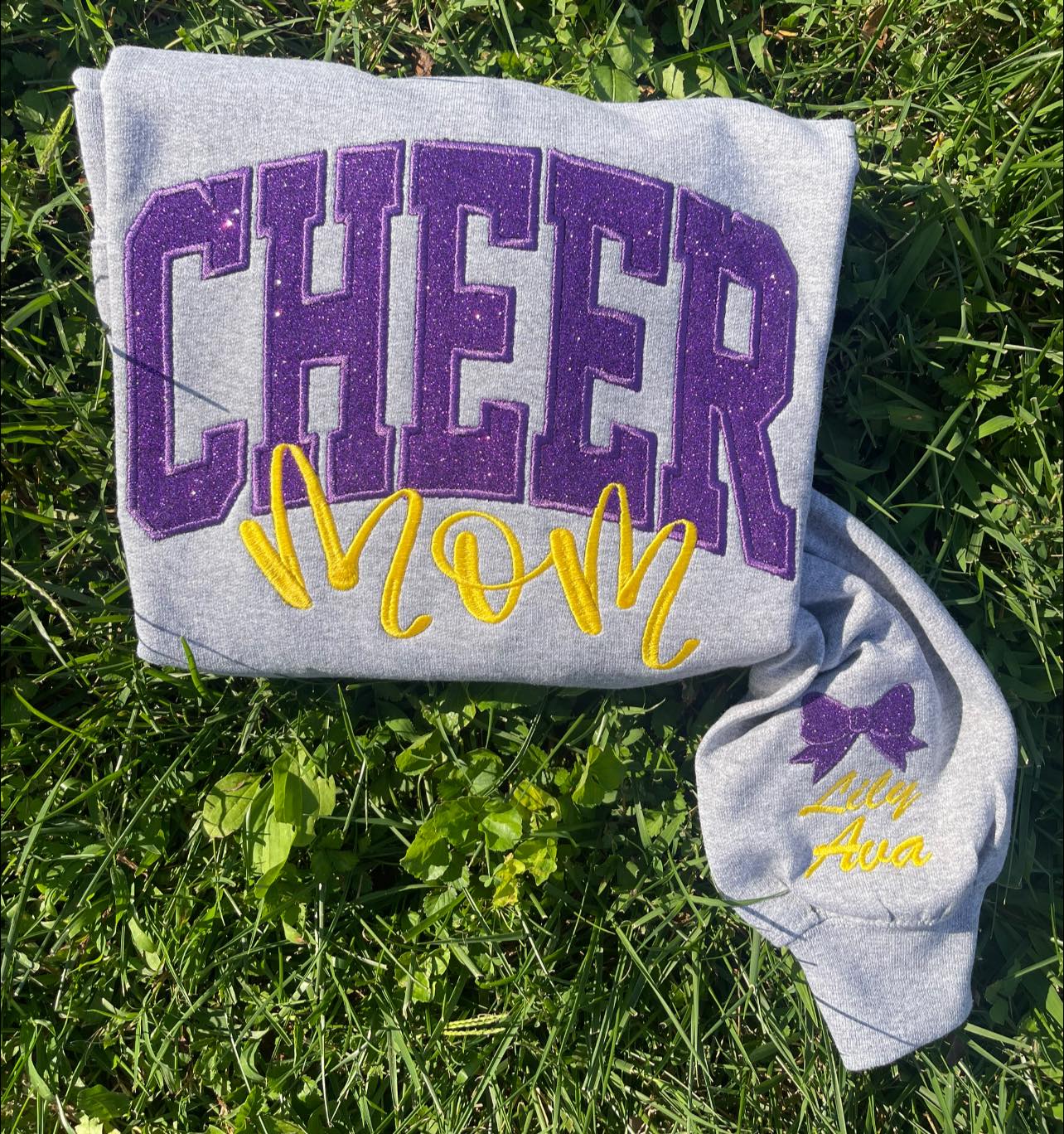 Cheer Mom Applique with Name and Icon on Sleeve Embroidered CC Short Sleeve or Sweatshirt