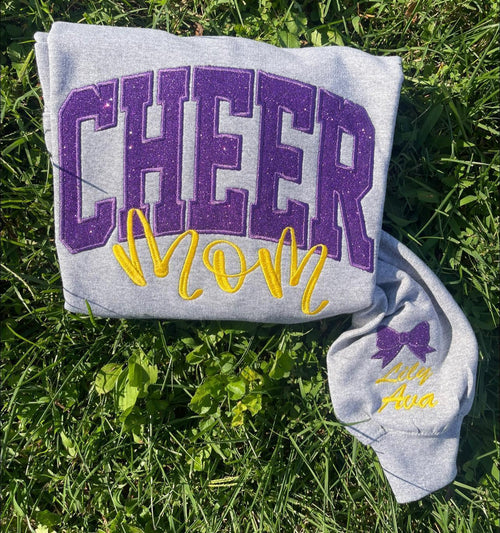 Custom Varsity Glitter Applique and Inspiration Script Font with Name and Icon on Sleeve Embroidered Shirt - Merch Girls