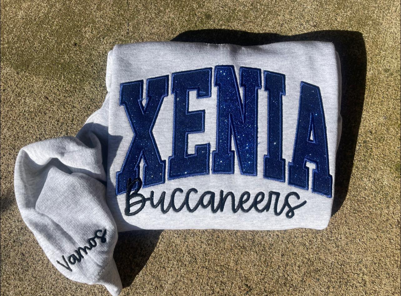 Personalized Custom Varsity Glitter Applique with September Script Font and Icon on Sleeve Embroidered Shirt