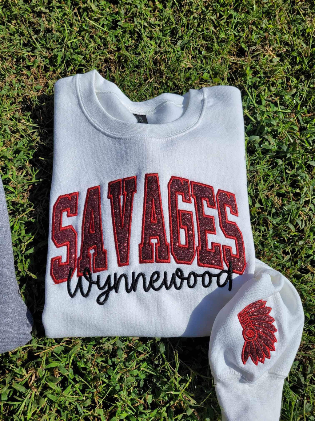 Personalized Custom Varsity Glitter Applique with September Script Font and Icon on Sleeve Embroidered Shirt