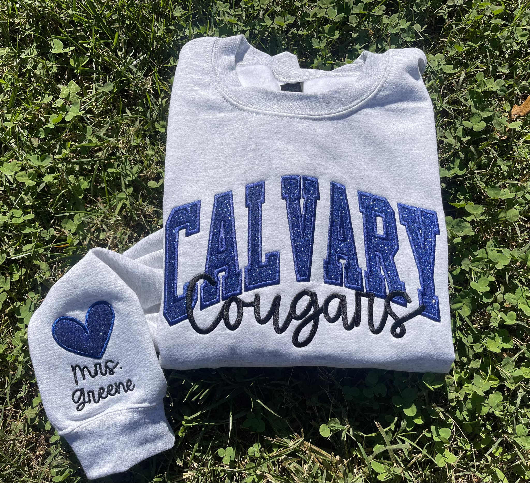 Personalized Custom Varsity Glitter Applique with September Script Font and Icon on Sleeve Embroidered Shirt