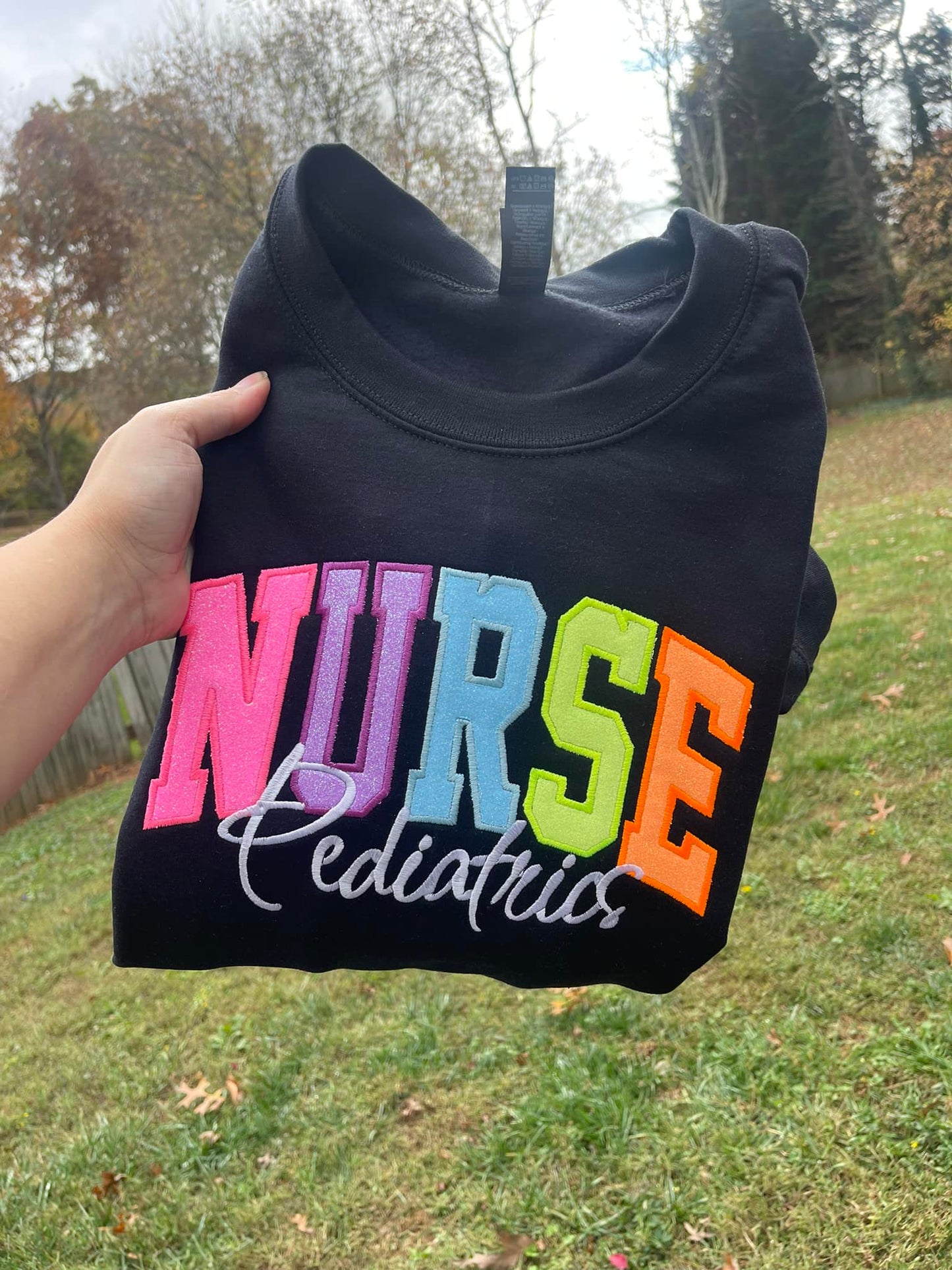 Nurse Varsity Applique with Name and Icon on Sleeve Embroidered CC Short Sleeve or Sweatshirt