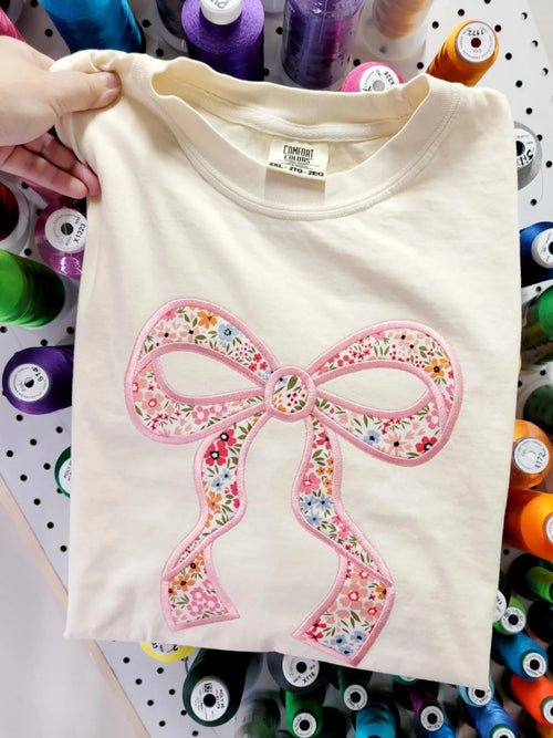 Coquette Bow Floral Fabric Applique Embroidered T-Shirt - Merch Girls