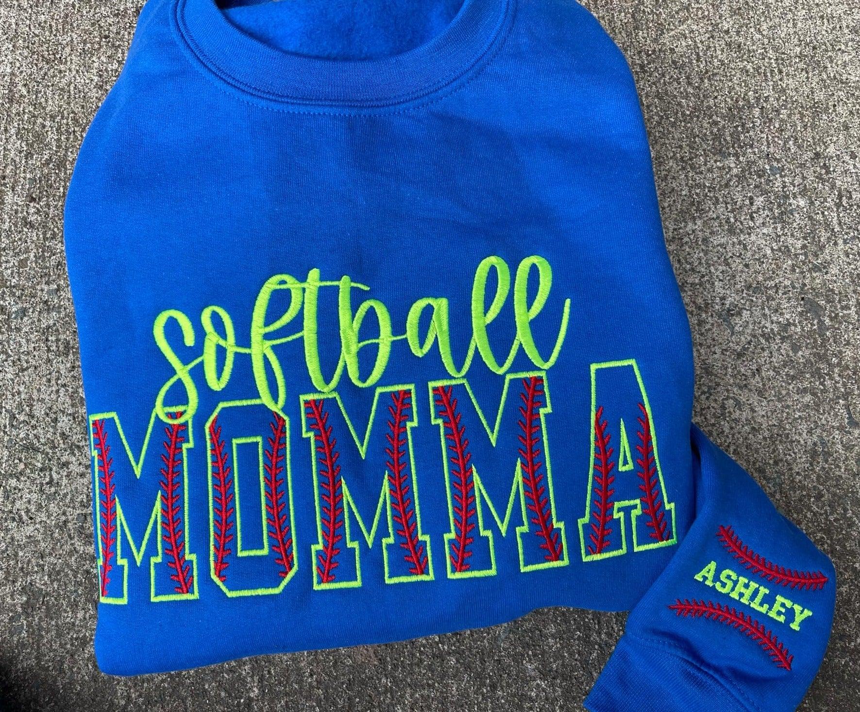 Custom Softball Stitch Text Embroidered Comfort Color Tee or Gildan Sweatshirt with Sleeve Detail - Merch Girls
