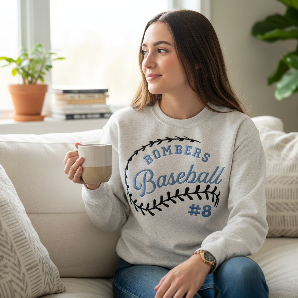 Woman sitting on a couch wearing a 'Bombers Baseball #8' sweatshirt, holding a mug.