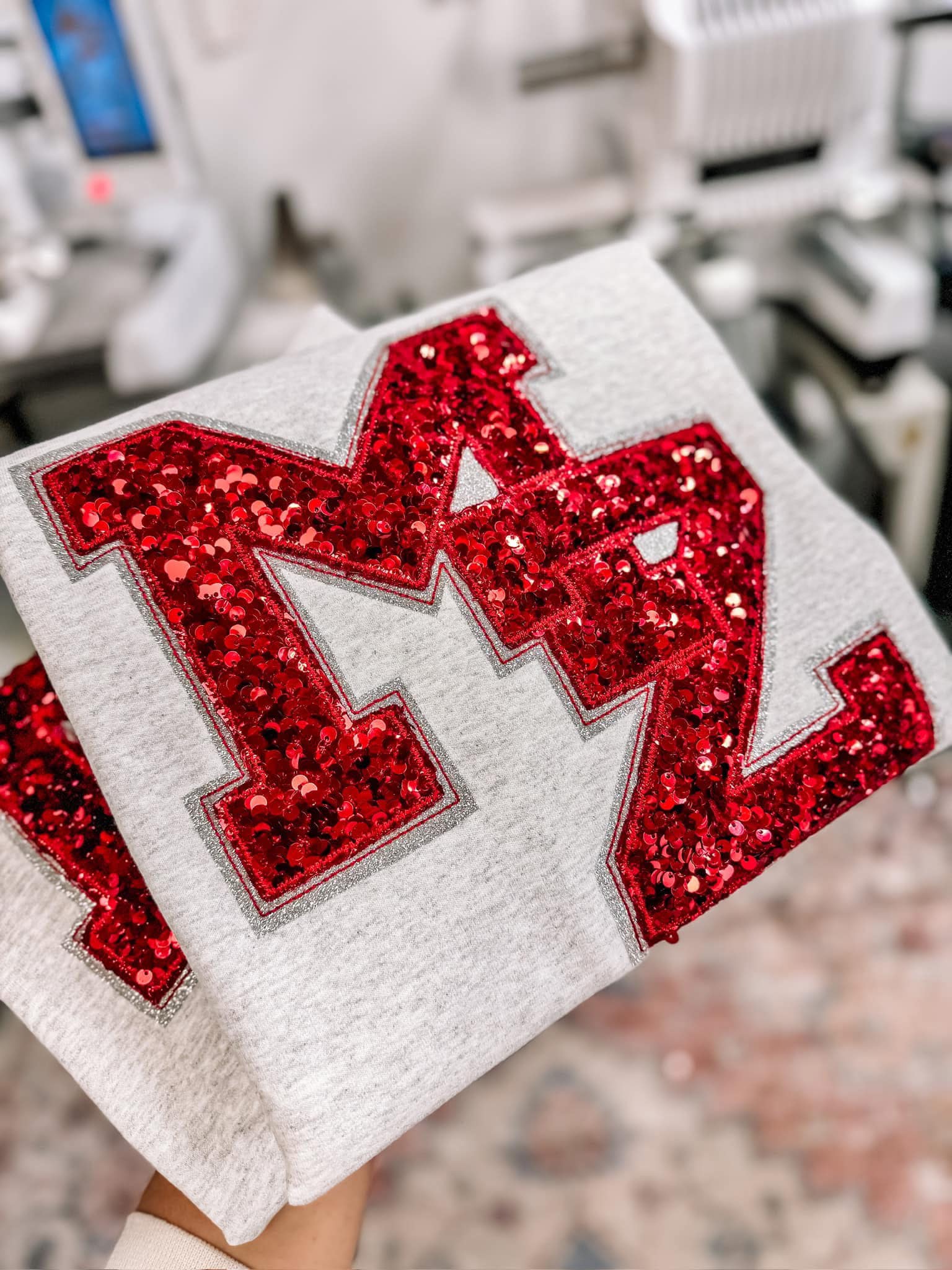 Custom Varsity Collegiate Letter Chunky Sequins and Glitter Applique Embroidered Shirt | Choose Your Initial & Colors