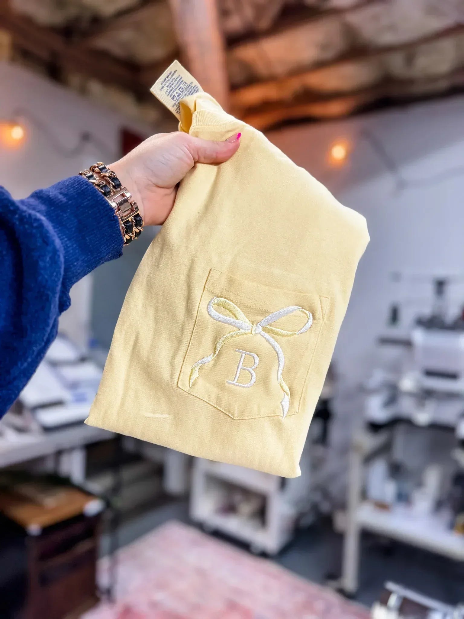 Two Tone Bow with Letter Embroidered Comfort Color Pocket Tee - Merch Girls