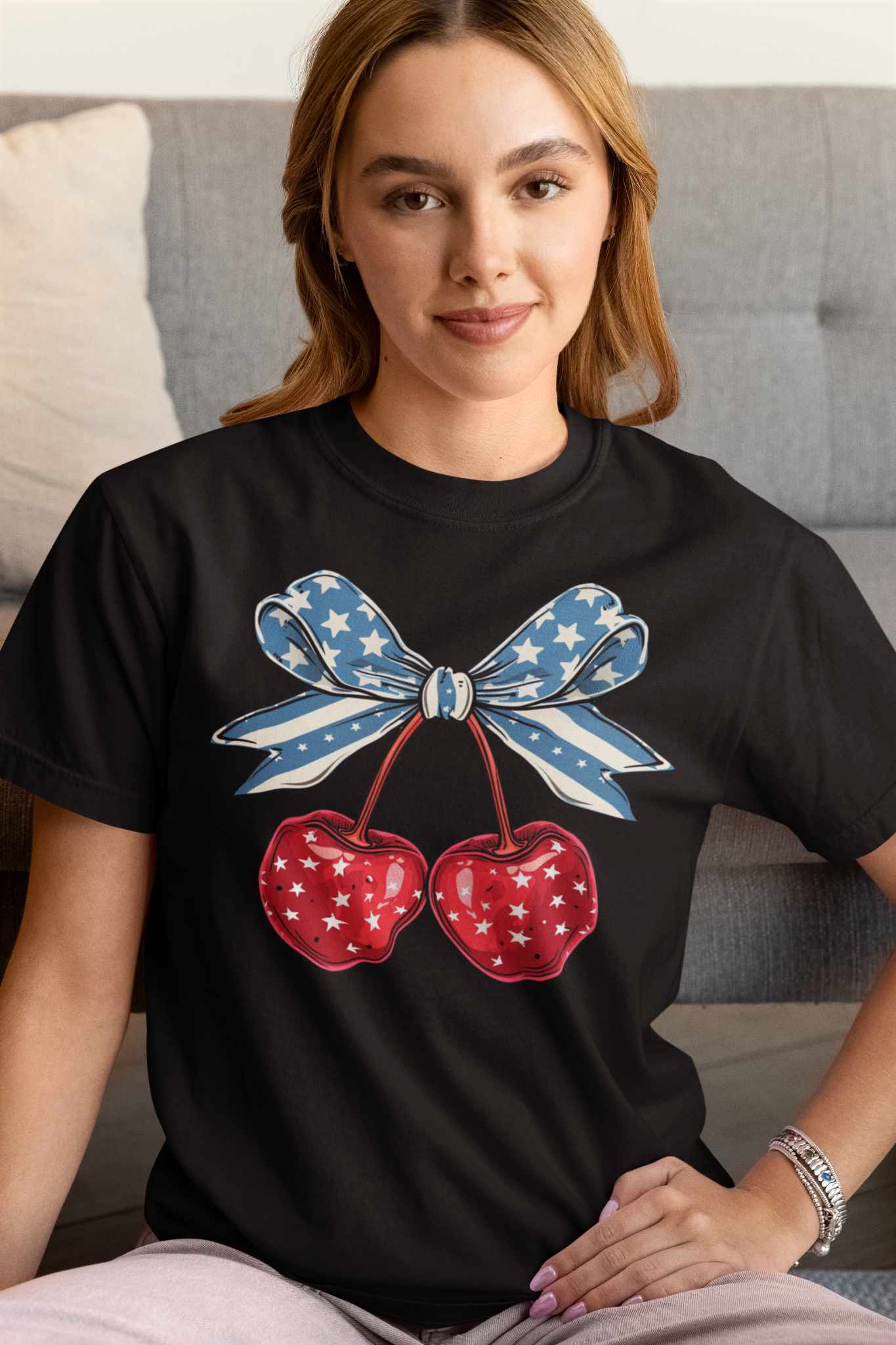 Stars and Stripes Cherry Bundle with Bow Preppy Graphic Tee