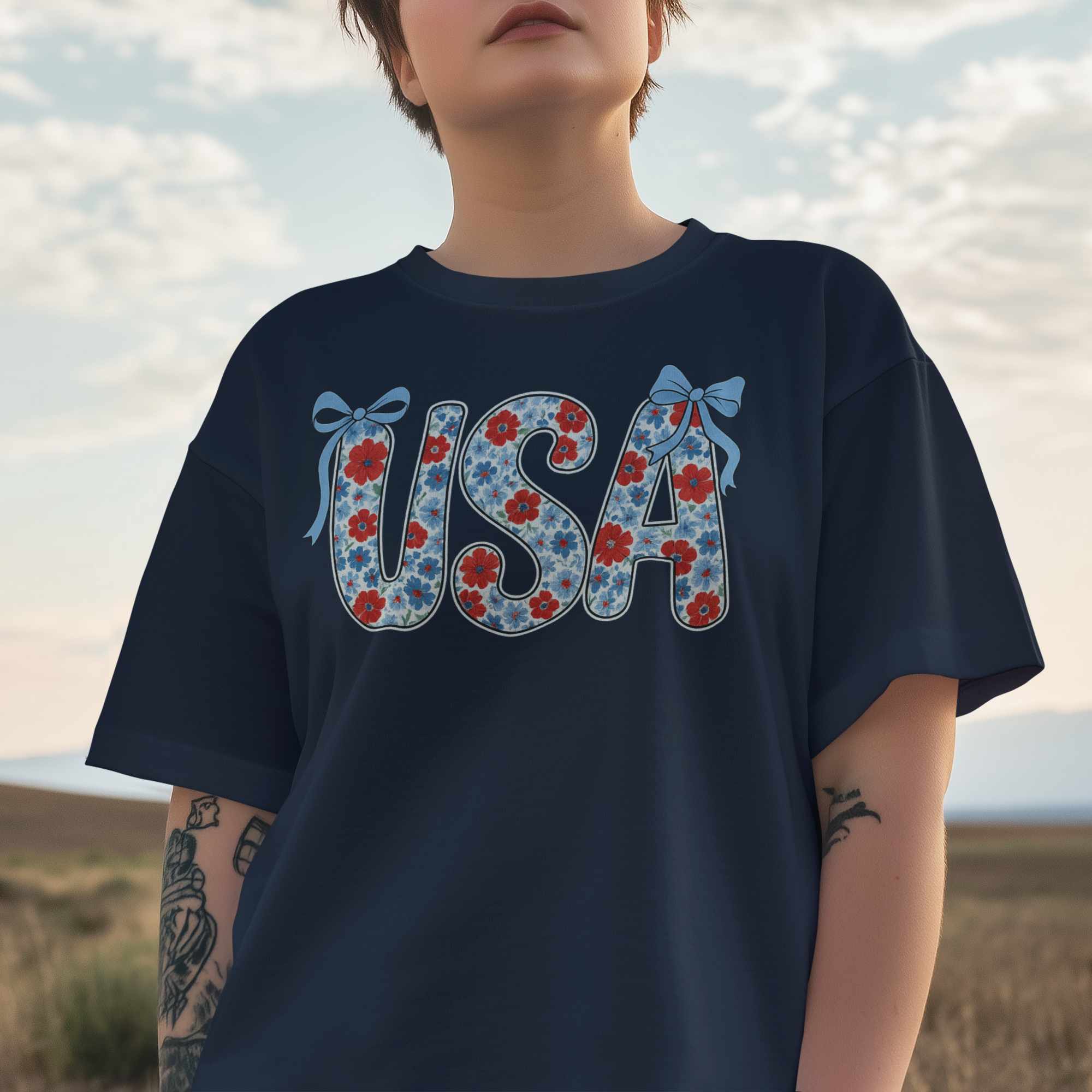 USA Floral Red White and Blue Preppy Coquette Graphic Tee