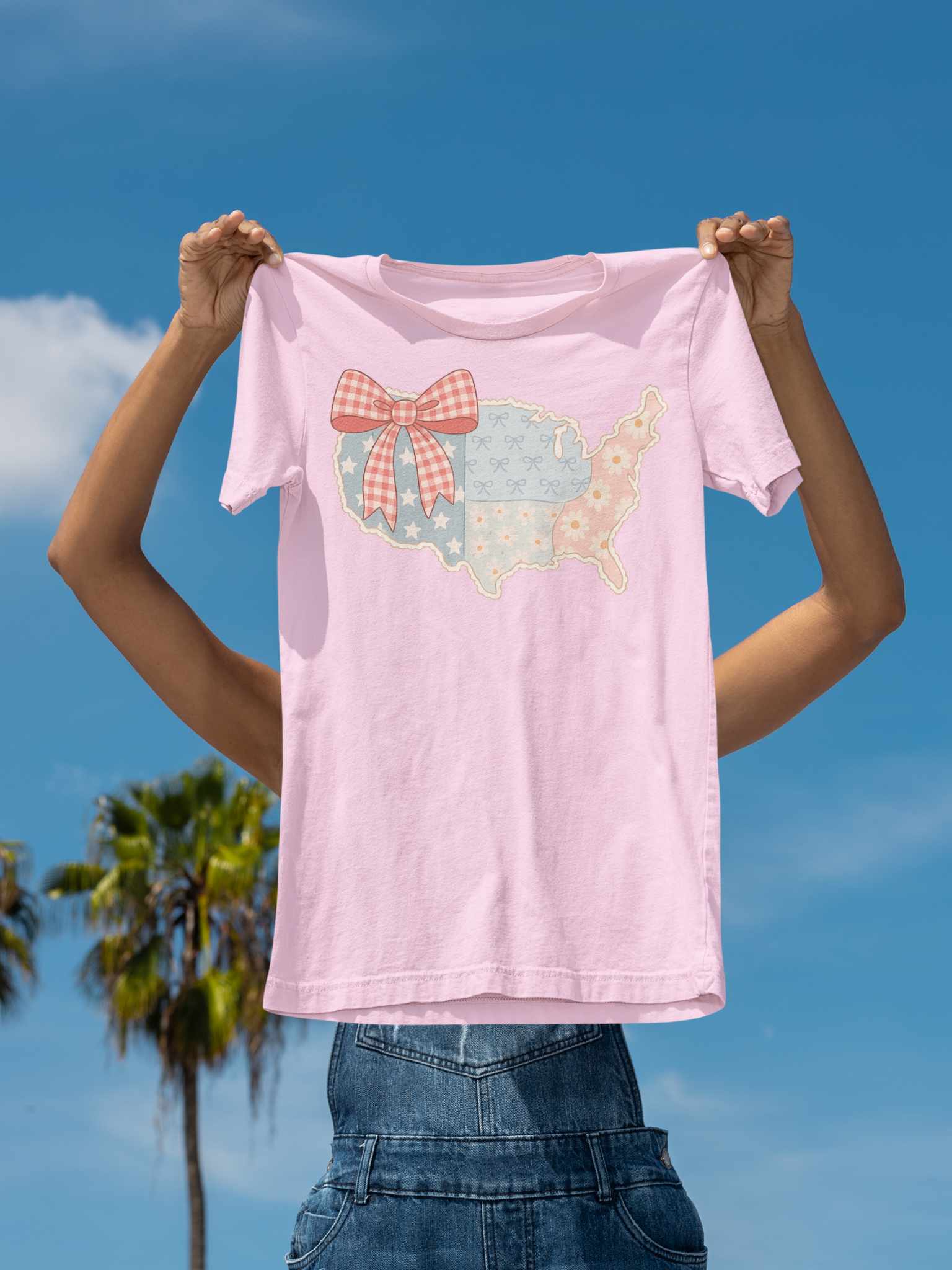 United States of America Faux Quilt with Bows Preppy Graphic Tee