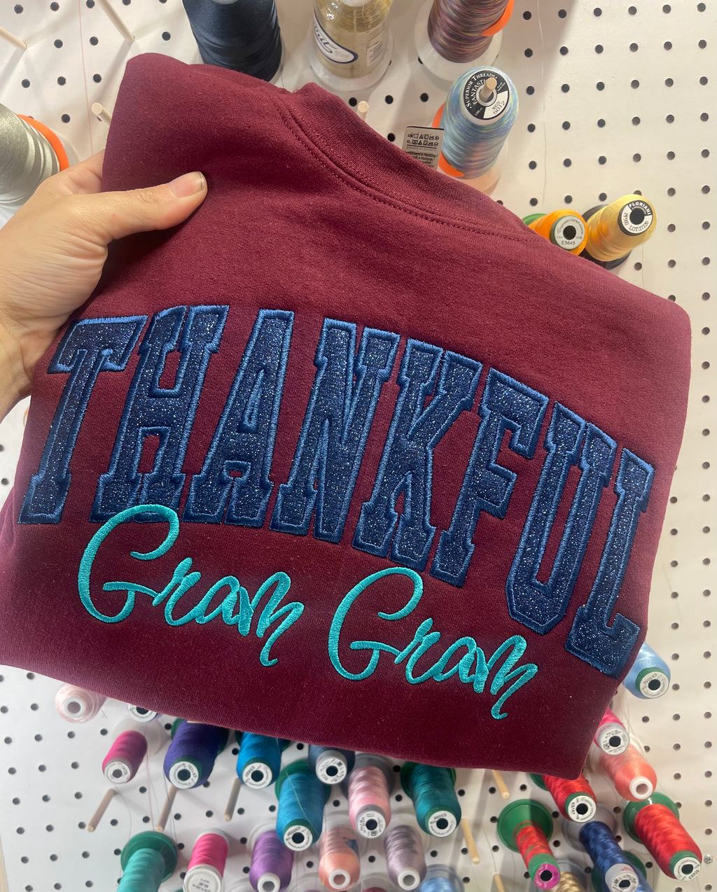 Custom Varsity Glitter Applique and Inspiration Script Font with Name and Icon on Sleeve Embroidered Shirt