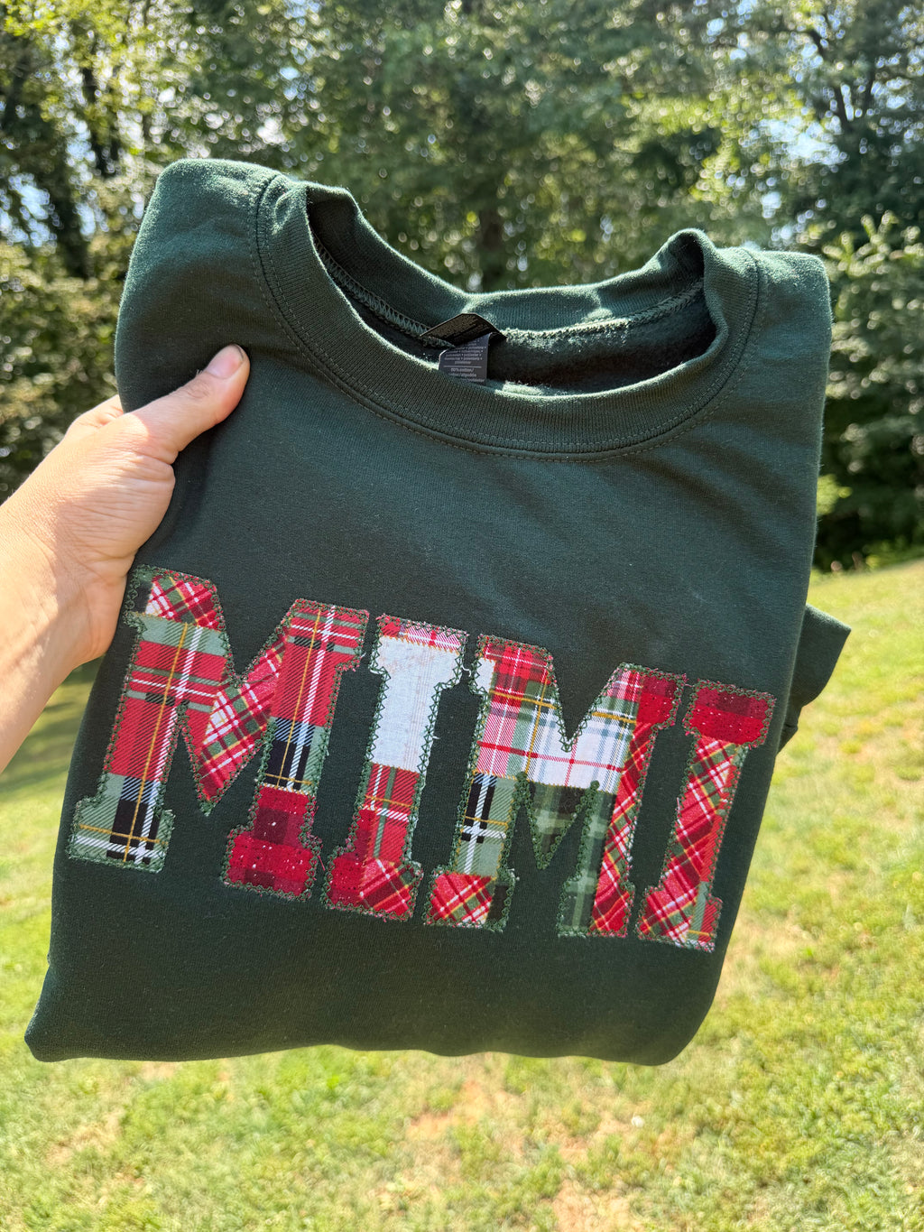 Nana Embroidered Christmas Plaid Personalized Sweatshirt | Custom Diamond Edge Name Appliqué