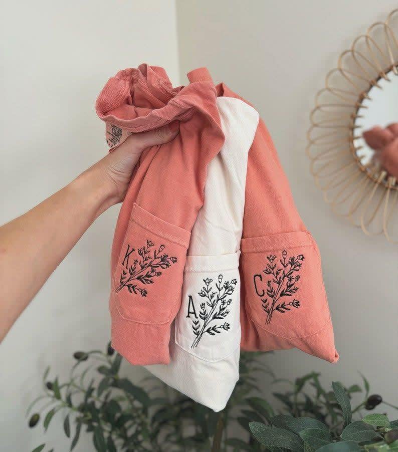 Custom Floral Monogram Embroidered Pocket T-Shirt | Personalized Tee with Thread Color Options