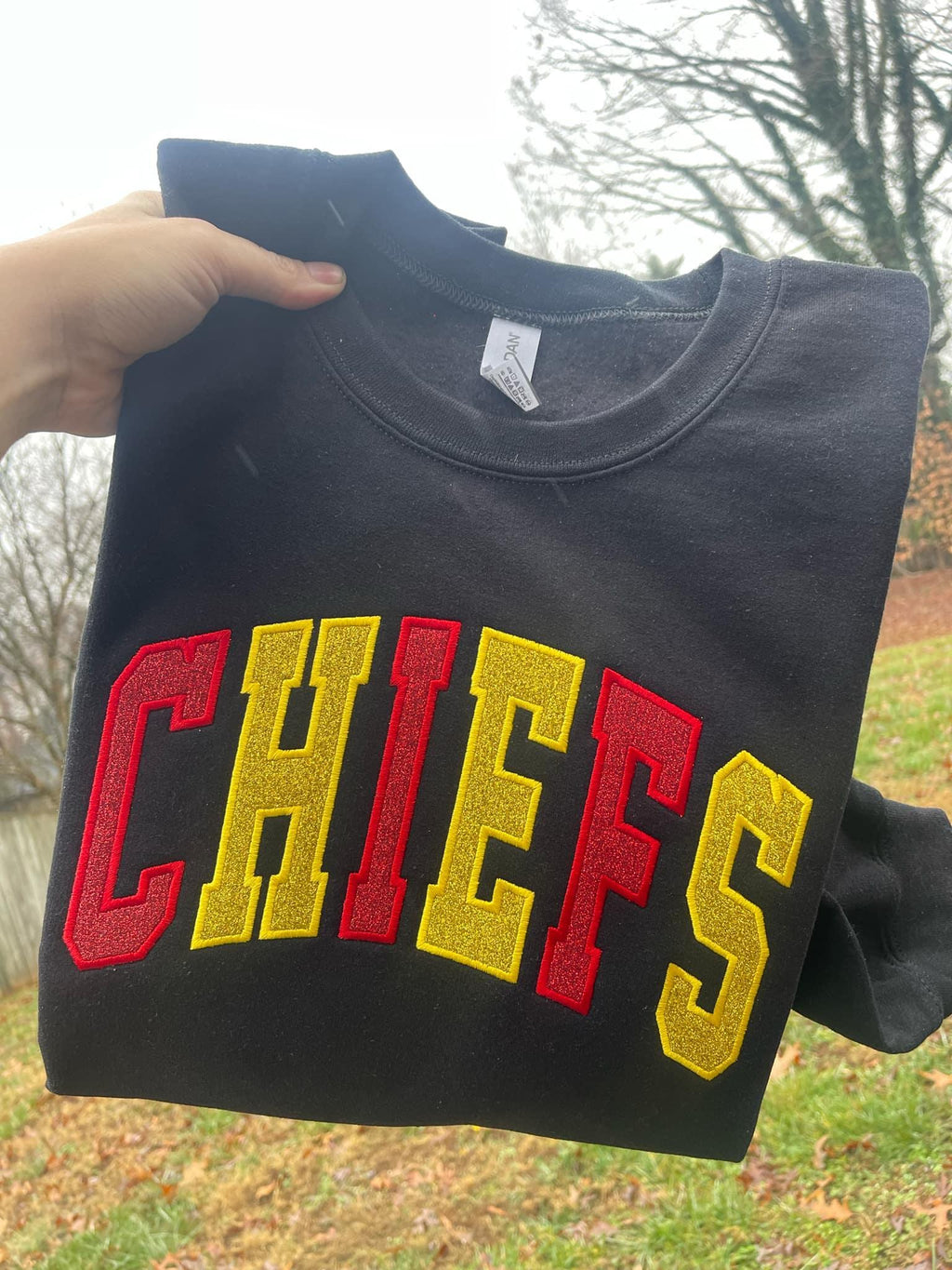 Varsity Two Color Glitter Applique with Name and Icon on Sleeve Embroidered CC Short Sleeve or Sweatshirt - Merch Girls