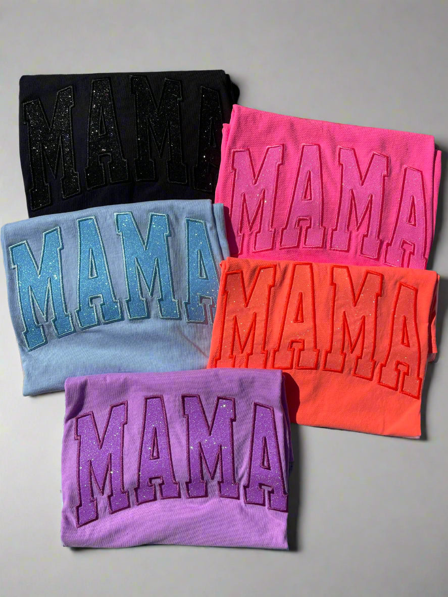 Custom Mama Glitter Applique Embroidered Comfort Color Short Sleeve Shirt