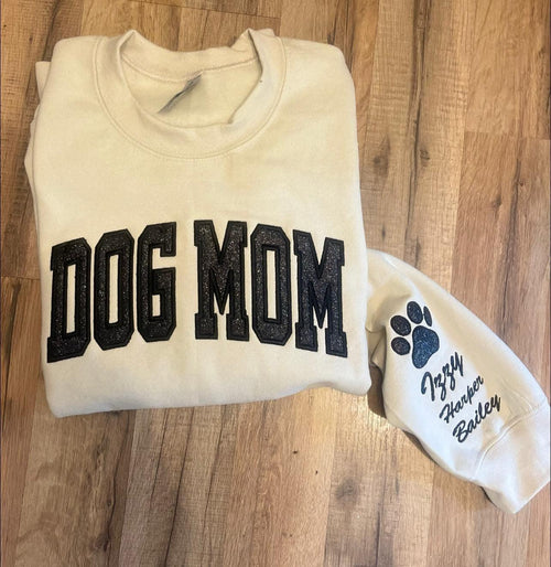 Dog Mom Varsity Glitter Applique and Icon on sleeve Embroidered Comfort Color Short Sleeve or Sweatshirt - Merch Girls