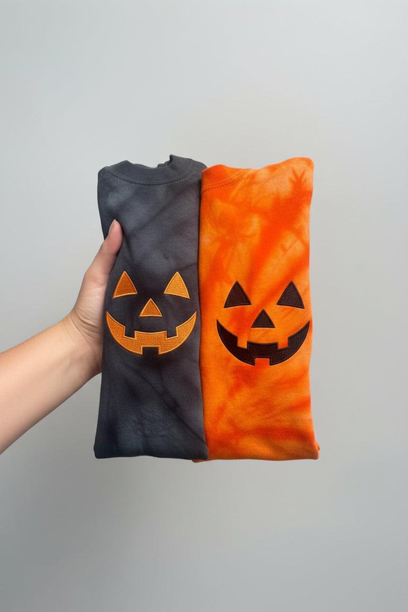 Pumpkin Face Left Chest Embroidered Tie Dye T-Shirt - QUICK SHIP