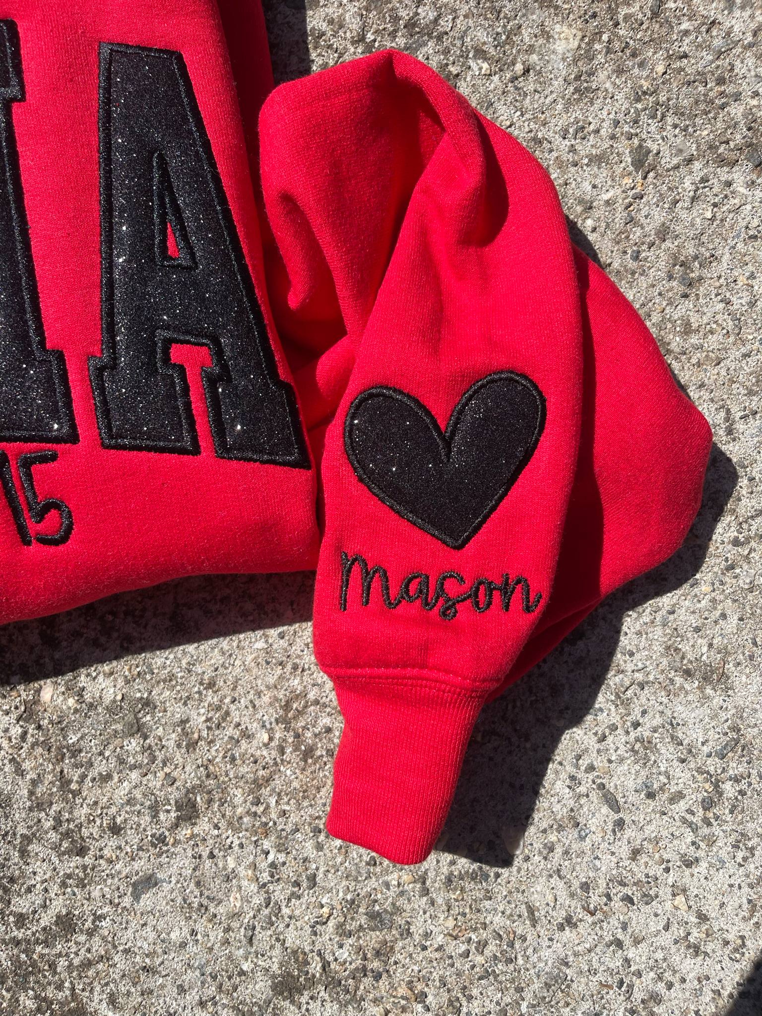 Personalized Custom Varsity Glitter Applique with September Script Font and Icon on Sleeve Embroidered Shirt