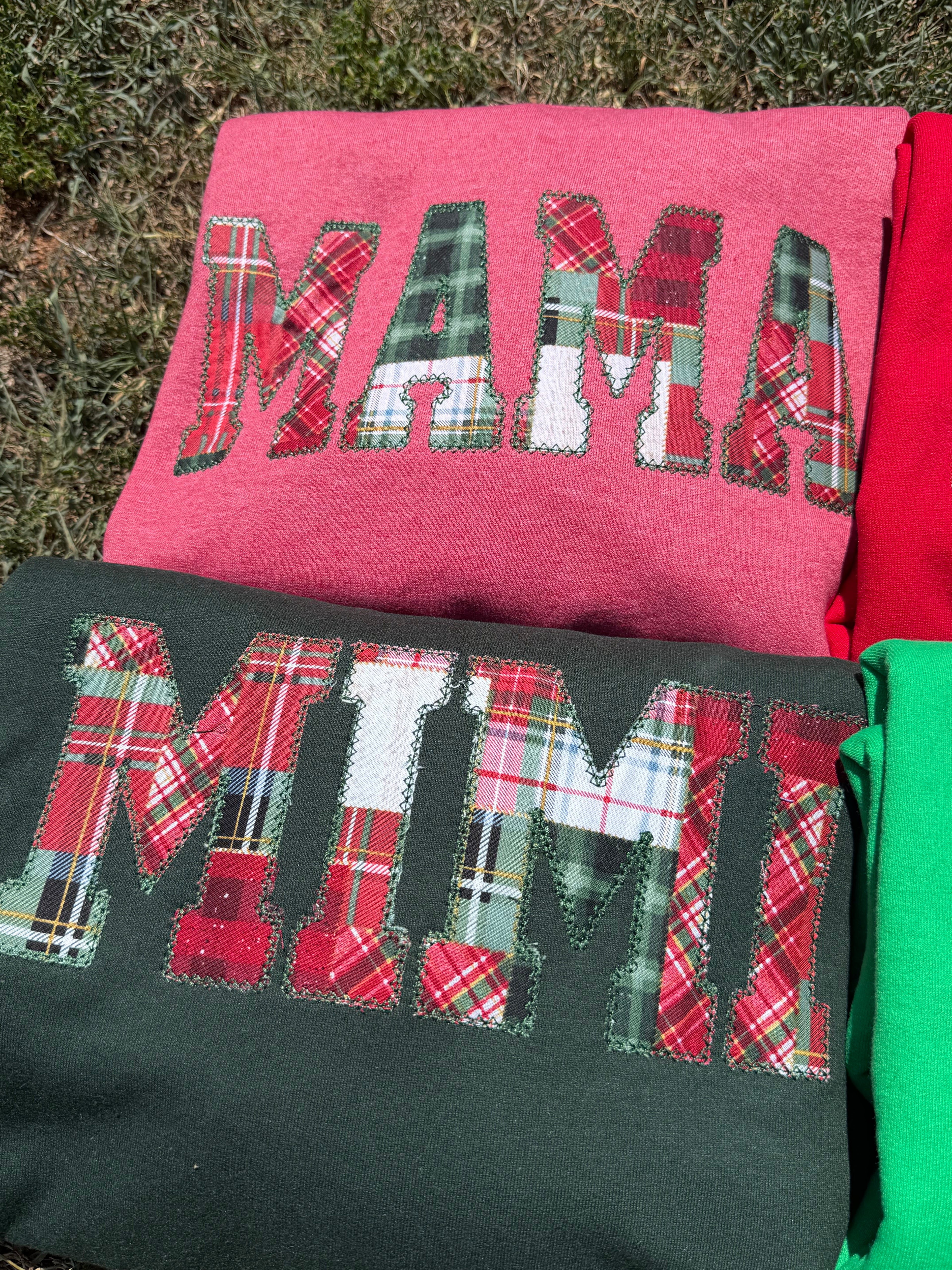 Nana Embroidered Christmas Plaid Personalized Sweatshirt | Custom Diamond Edge Name Appliqué